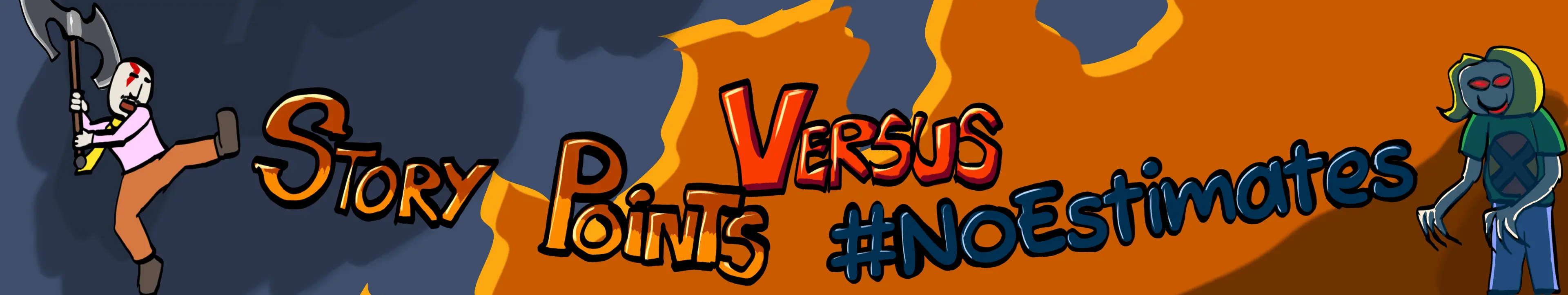 A stylized title Story points versus no estimates with an jumping angry project manager using an axe on the left, and a vampire female software developer on the right